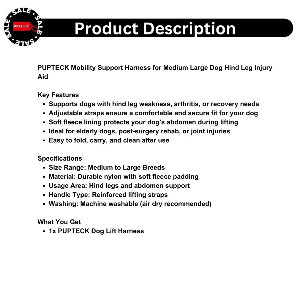 PUPTECK Mobility Support Harness for Medium‎ Large Dog Hind Leg Injury Aid